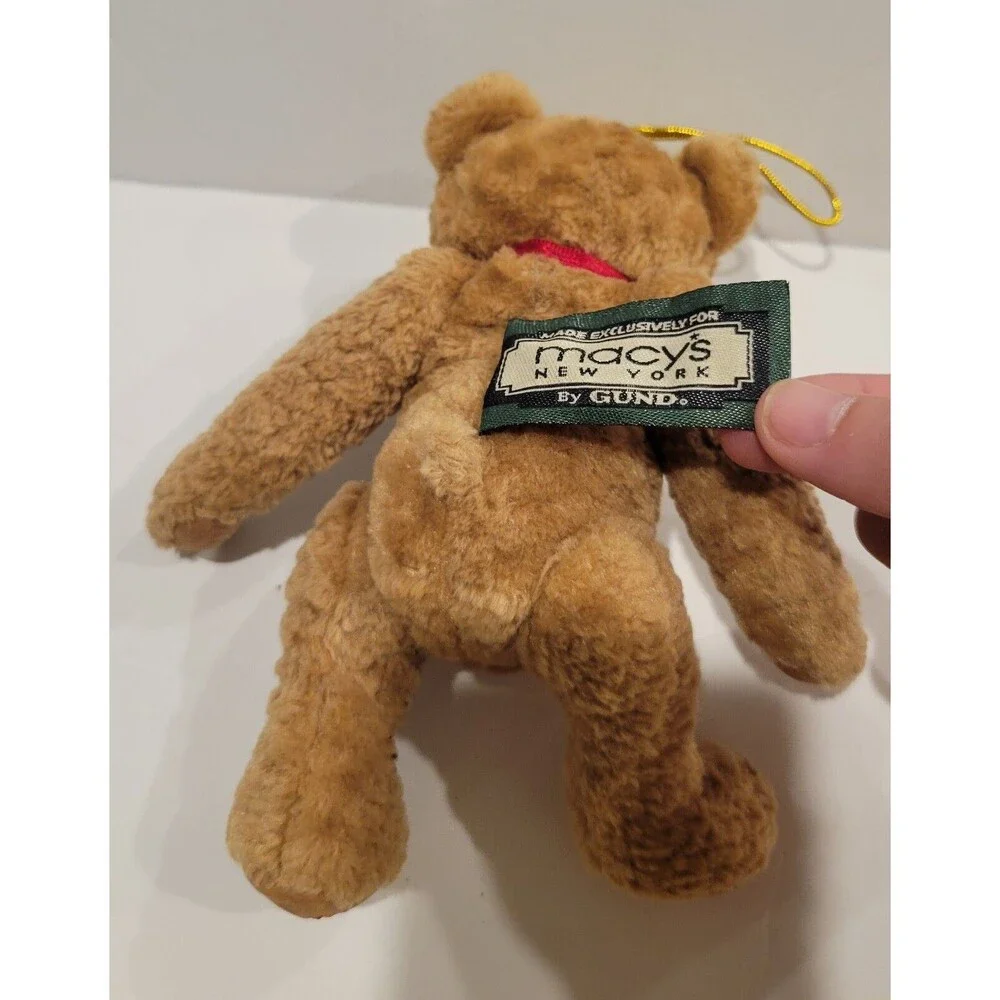 Macy's New York By Gund Jointed Teddy Bear 7” New Red Ribbon Ornament Hanger